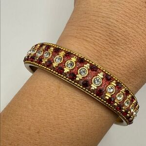 Vintage Gold Tone Burgundy Rhinestone Indian Wedding Large Cuff Bangle Bracelet